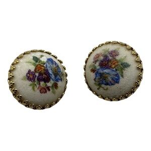 Vintage Floral Porcelain Clip-On Earrings – West Germany, Round‎ 1” Gold Tone